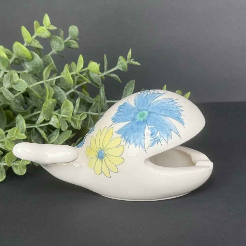 VTG Fitz & Floyd Blue Flower Power Whale Ashtray/Spoon Rest/Trinket Dish 5" MCM